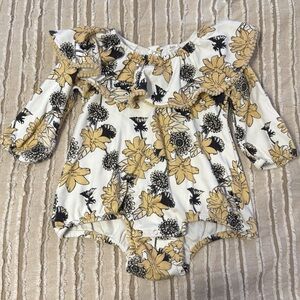 Kate Quinn Floral Ruffle Long Sleeve Bubble Romper 2T Yellow Black Pom Trim Boho